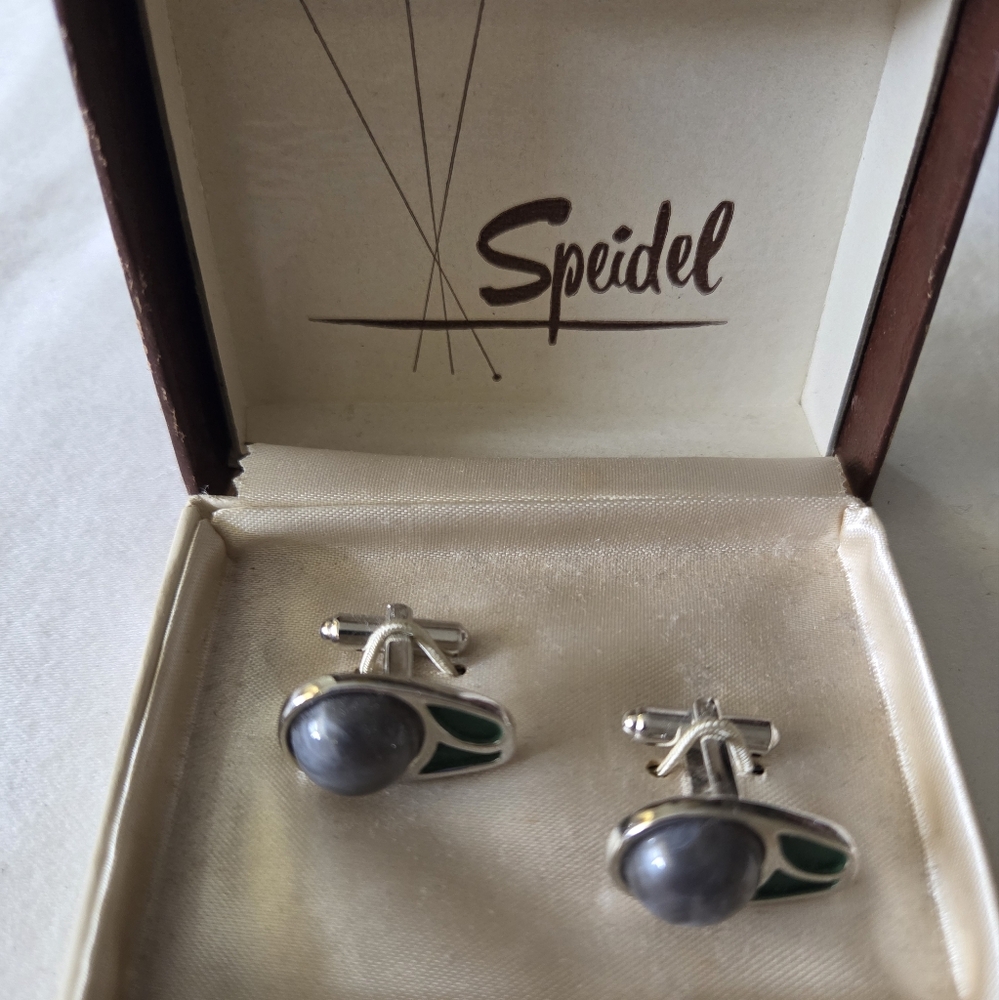 Vintage 1950s Cuff Links Emerald Silver Speidel IN BOX